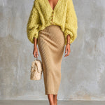 ElevenOra Chic Elegant Yellow V-Neck Single-Breasted Three-Quarter‑Sleeve Loose-Fit Cardigan Camel Bodycon Midi Skirt Knit Two-Piece Set