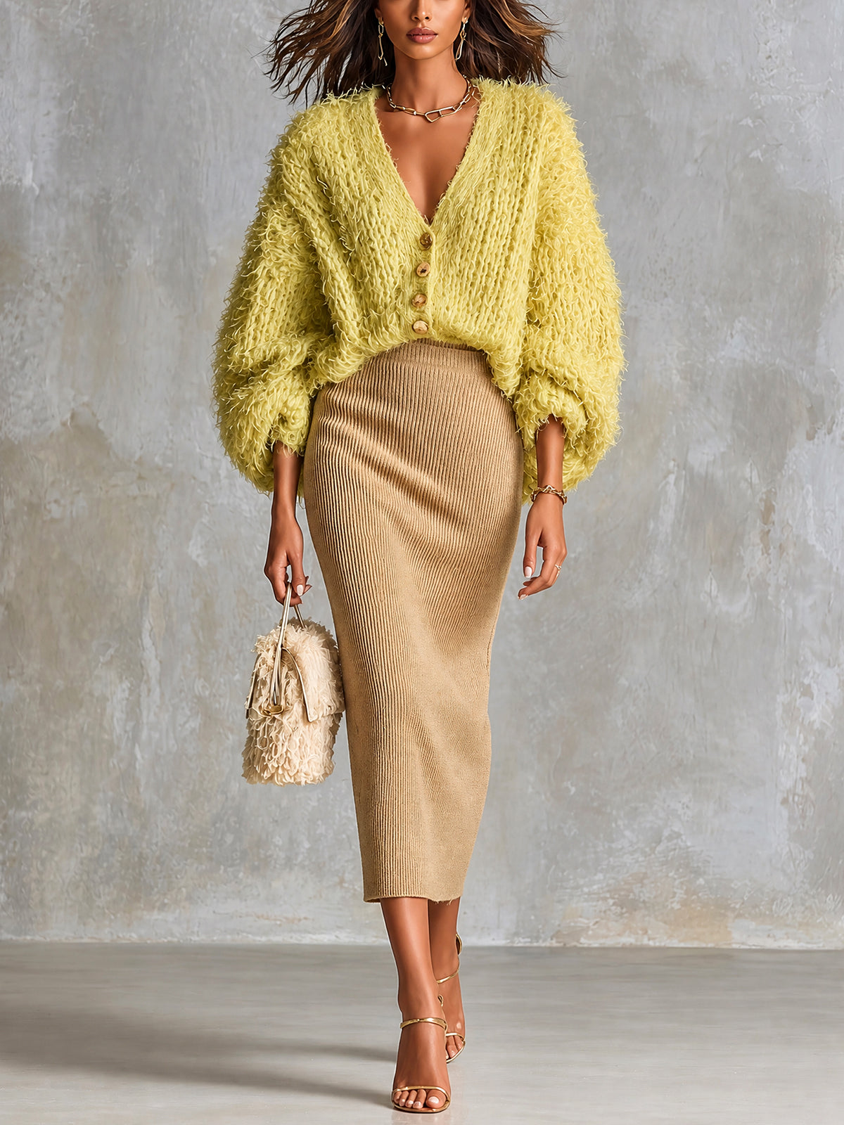 ElevenOra Chic Elegant Yellow V-Neck Single-Breasted Three-Quarter‑Sleeve Loose-Fit Cardigan Camel Bodycon Midi Skirt Knit Two-Piece Set