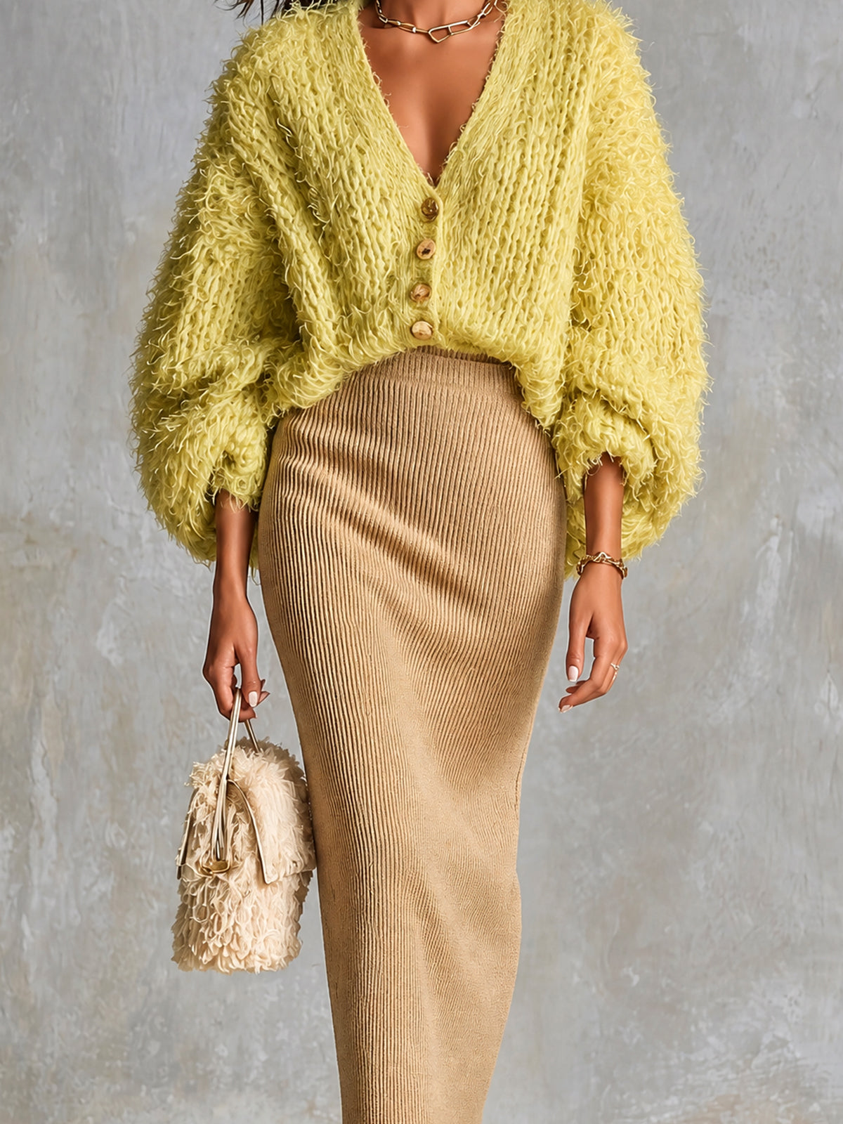 ElevenOra Chic Elegant Yellow V-Neck Single-Breasted Three-Quarter‑Sleeve Loose-Fit Cardigan Camel Bodycon Midi Skirt Knit Two-Piece Set