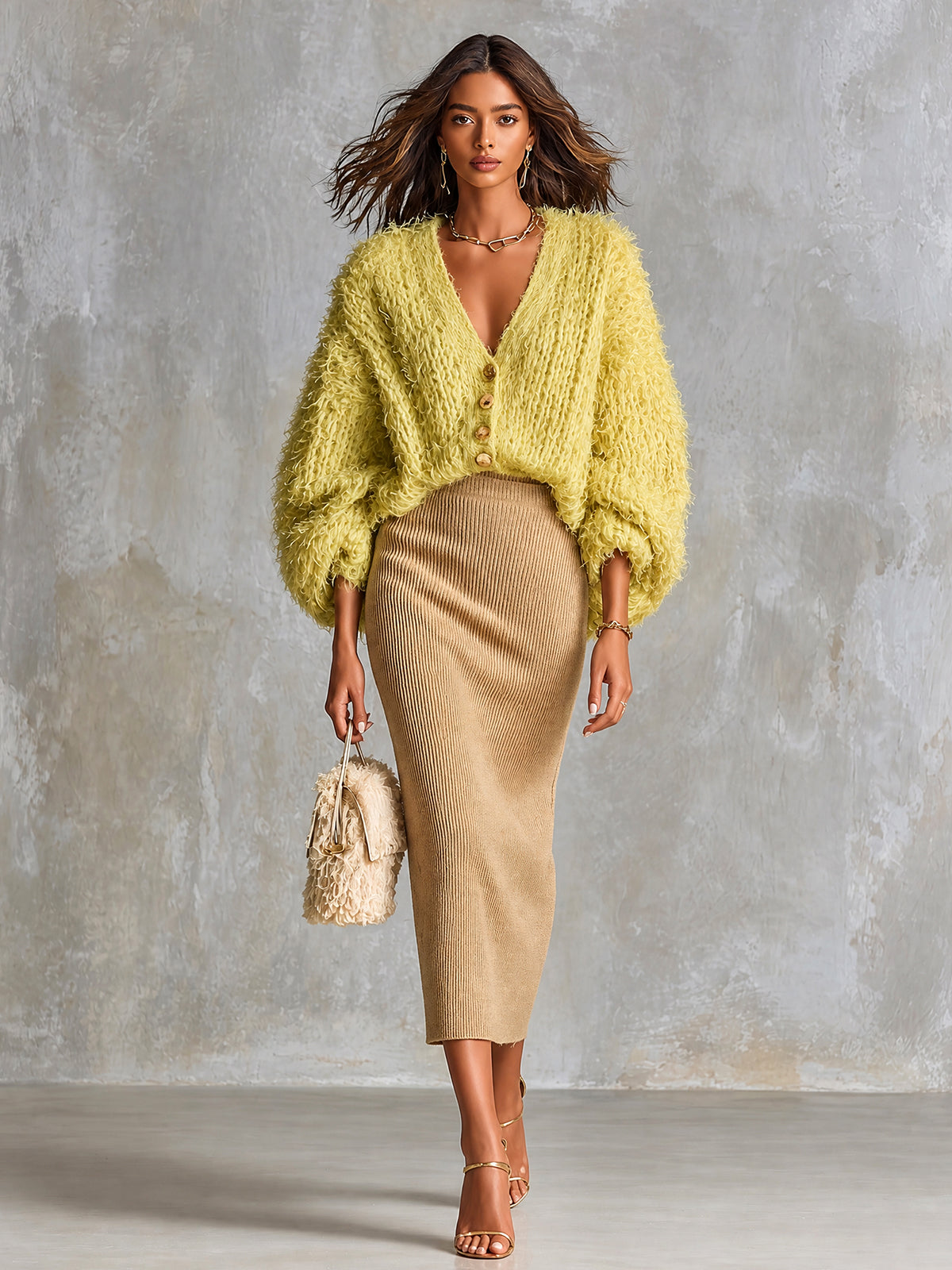 ElevenOra Chic Elegant Yellow V-Neck Single-Breasted Three-Quarter‑Sleeve Loose-Fit Cardigan Camel Bodycon Midi Skirt Knit Two-Piece Set