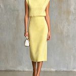 ElevenOra Chic Elegant Yellow Turtleneck Sleeveless Argyle Jacquard Loose-Fit Vest Bodycon Midi Skirt Slim-Fit Wool Blend Knit Two-Piece Set