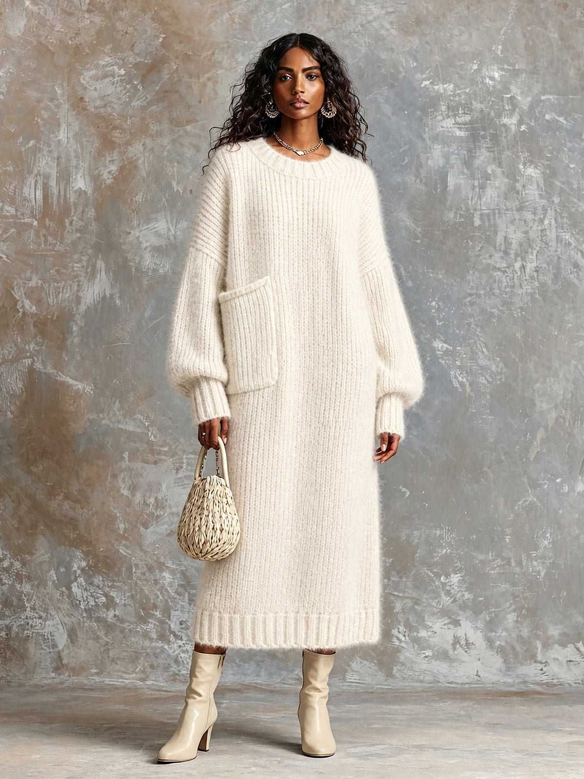 ElevenOra Chic Elegant Cream White Round-Neck Dropped-Shoulder Long-Sleeve Patch Pocket Overiszed Mohair Blend Knit Maxi Dress