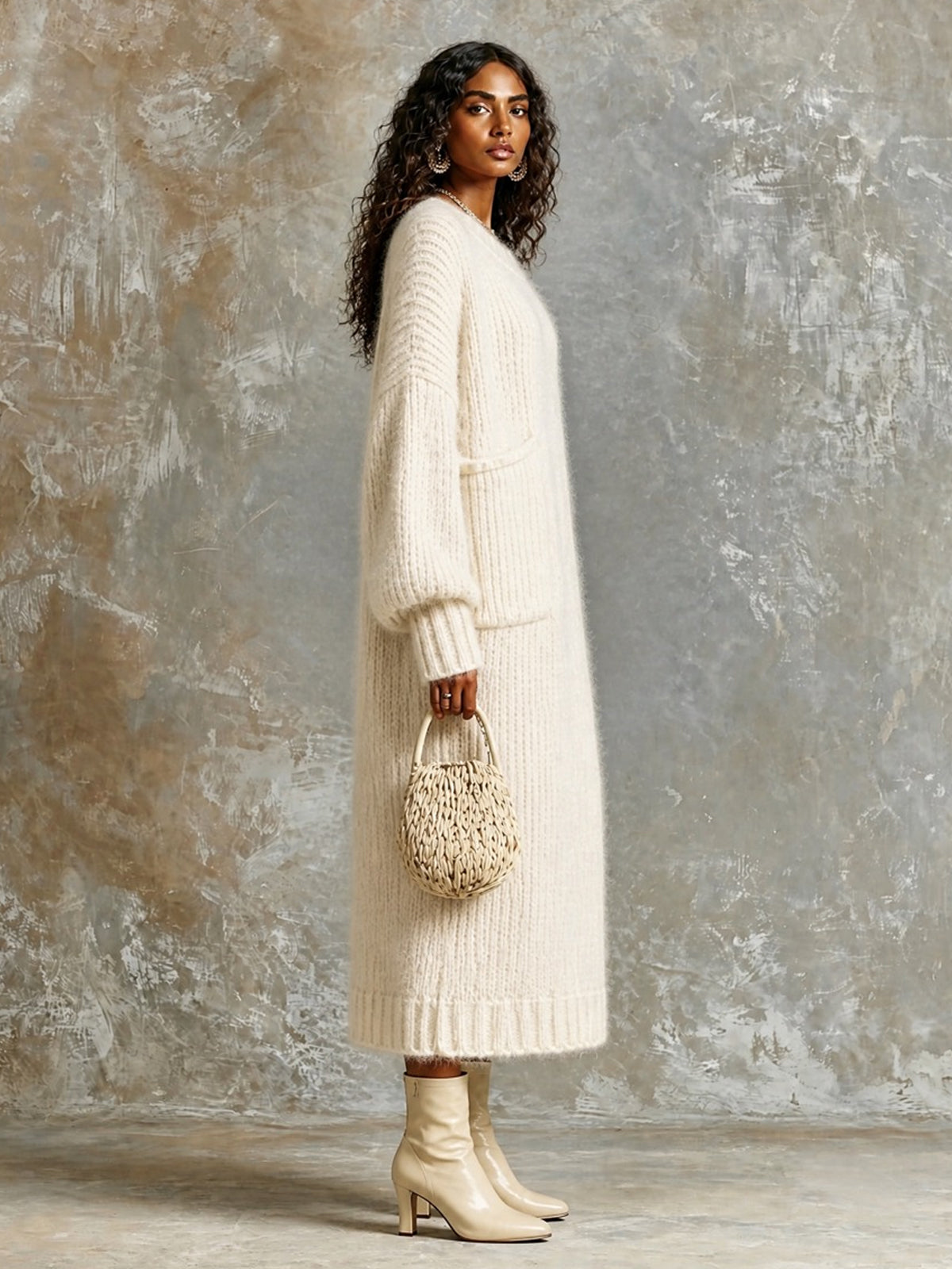 ElevenOra Chic Elegant Cream White Round-Neck Dropped-Shoulder Long-Sleeve Patch Pocket Overiszed Mohair Blend Knit Maxi Dress
