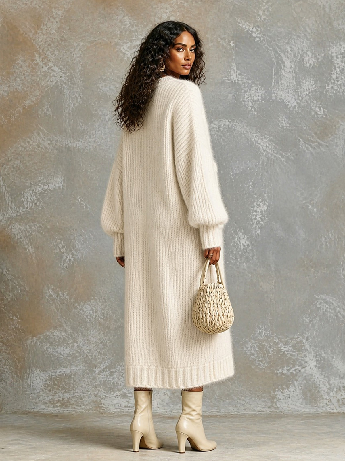 ElevenOra Chic Elegant Cream White Round-Neck Dropped-Shoulder Long-Sleeve Patch Pocket Overiszed Mohair Blend Knit Maxi Dress