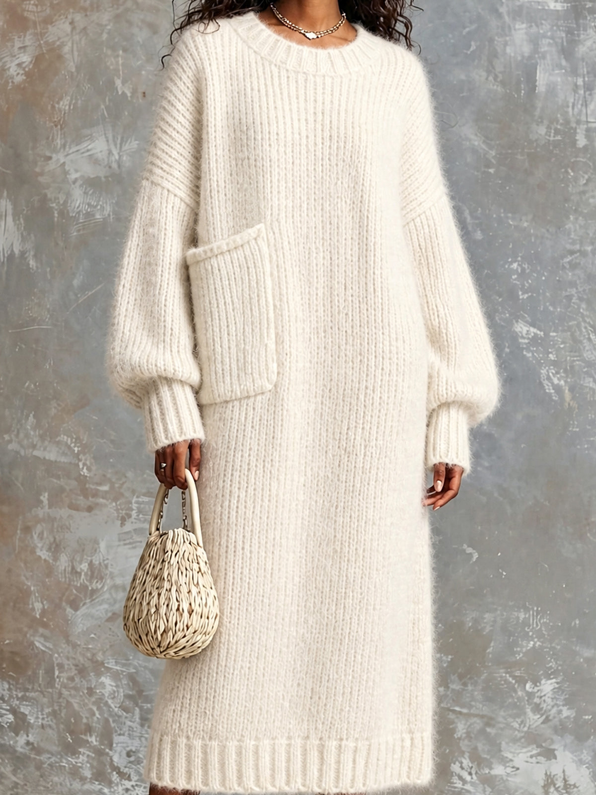 ElevenOra Chic Elegant Cream White Round-Neck Dropped-Shoulder Long-Sleeve Patch Pocket Overiszed Mohair Blend Knit Maxi Dress