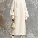 ElevenOra Chic Elegant Cream White Round-Neck Dropped-Shoulder Long-Sleeve Patch Pocket Overiszed Mohair Blend Knit Maxi Dress
