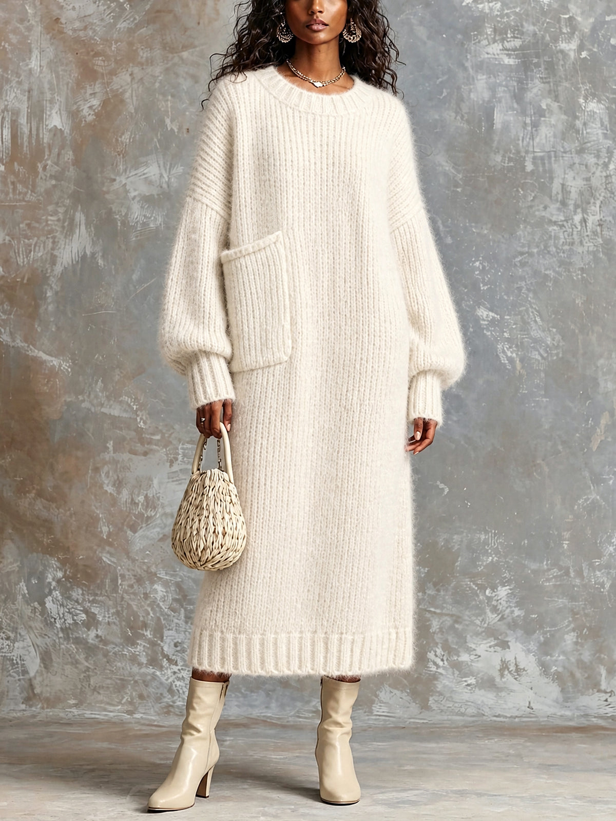 ElevenOra Chic Elegant Cream White Round-Neck Dropped-Shoulder Long-Sleeve Patch Pocket Overiszed Mohair Blend Knit Maxi Dress
