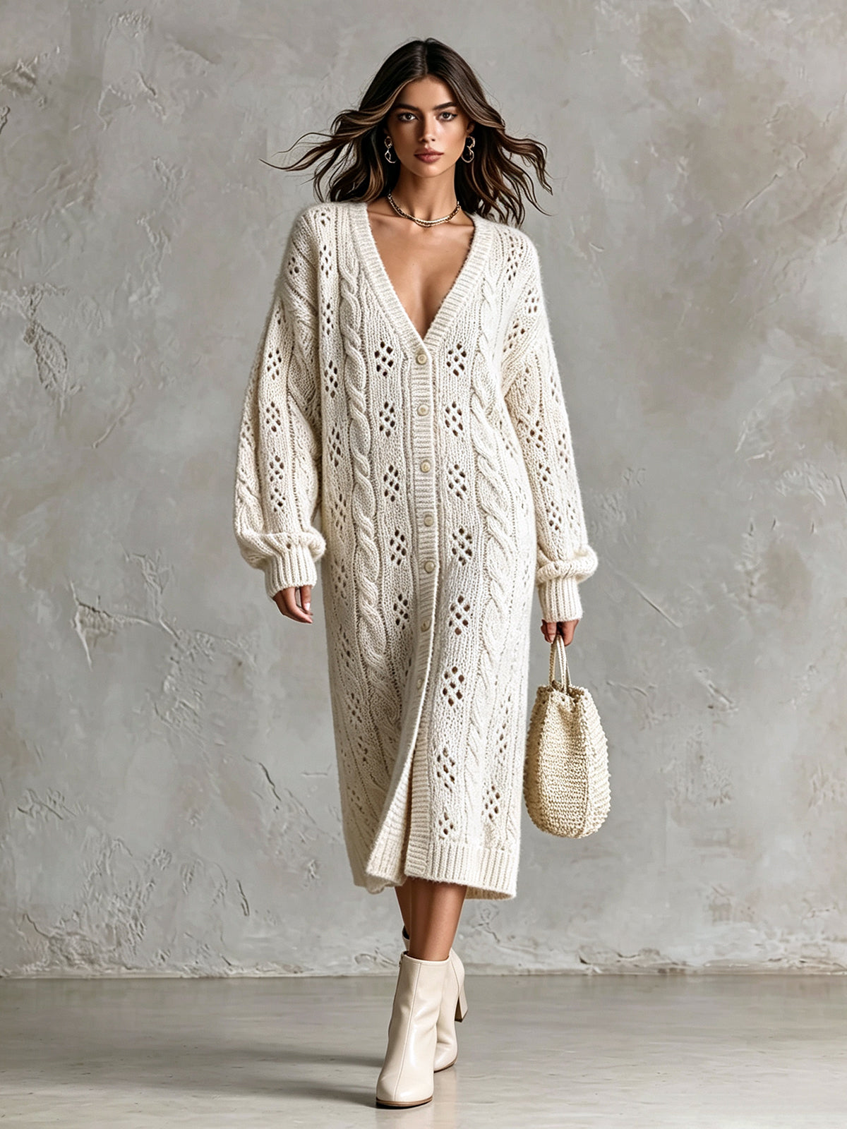 ElevenOra Chic Elegant Beige V-Neck Dropped-Shoulder Long-Sleeve Single-Breasted Overiszed Hollow-Out Cable-Knit Midi Dress