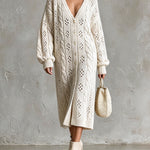 ElevenOra Chic Elegant Beige V-Neck Dropped-Shoulder Long-Sleeve Single-Breasted Overiszed Hollow-Out Cable-Knit Midi Dress