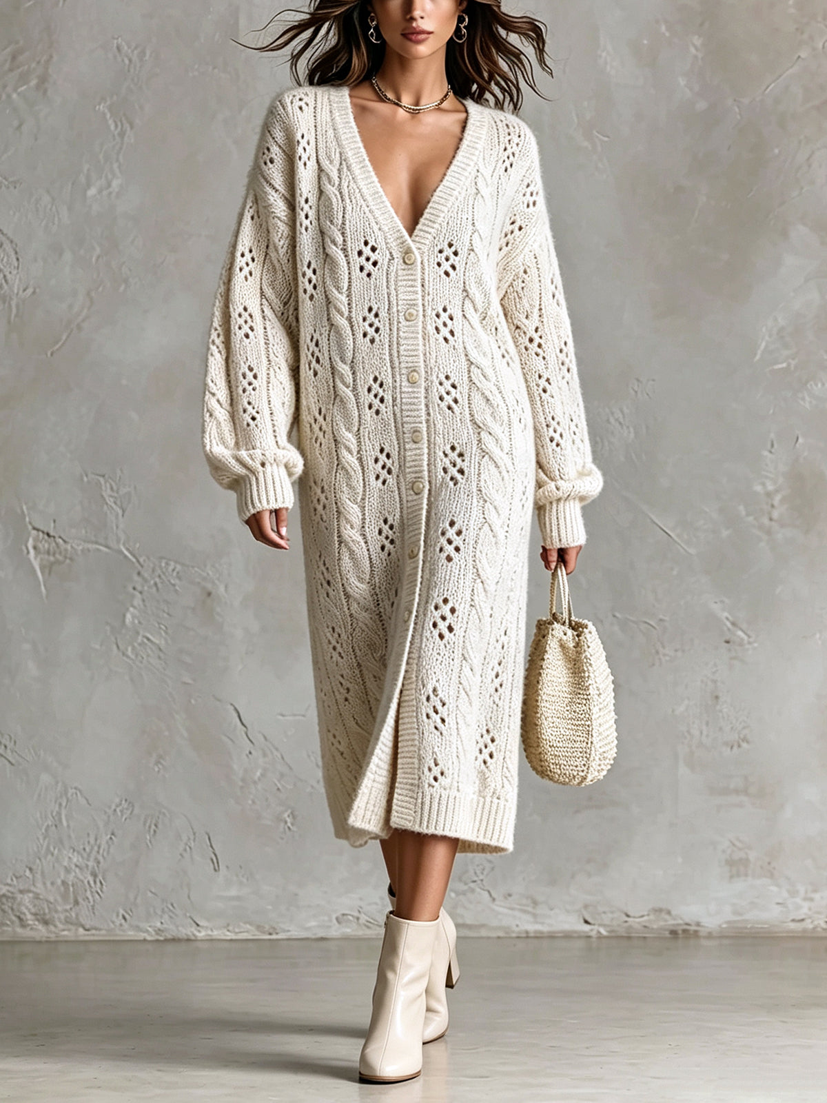 ElevenOra Chic Elegant Beige V-Neck Dropped-Shoulder Long-Sleeve Single-Breasted Overiszed Hollow-Out Cable-Knit Midi Dress