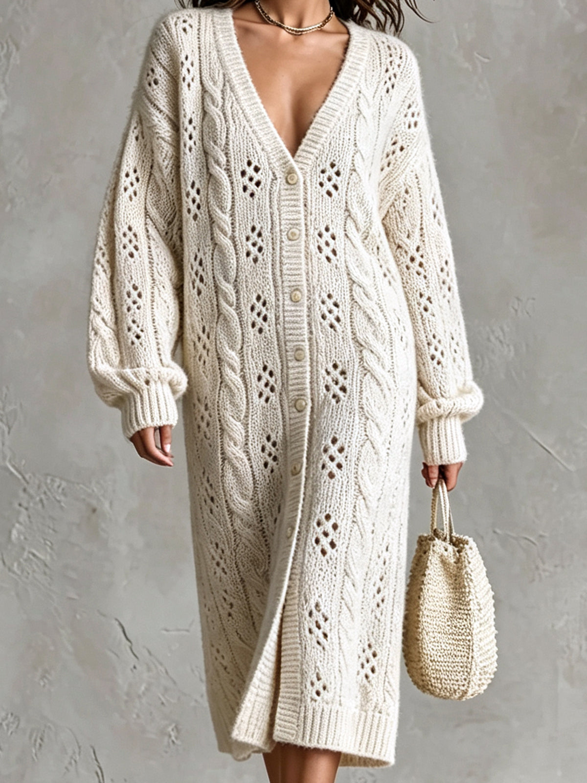 ElevenOra Chic Elegant Beige V-Neck Dropped-Shoulder Long-Sleeve Single-Breasted Overiszed Hollow-Out Cable-Knit Midi Dress