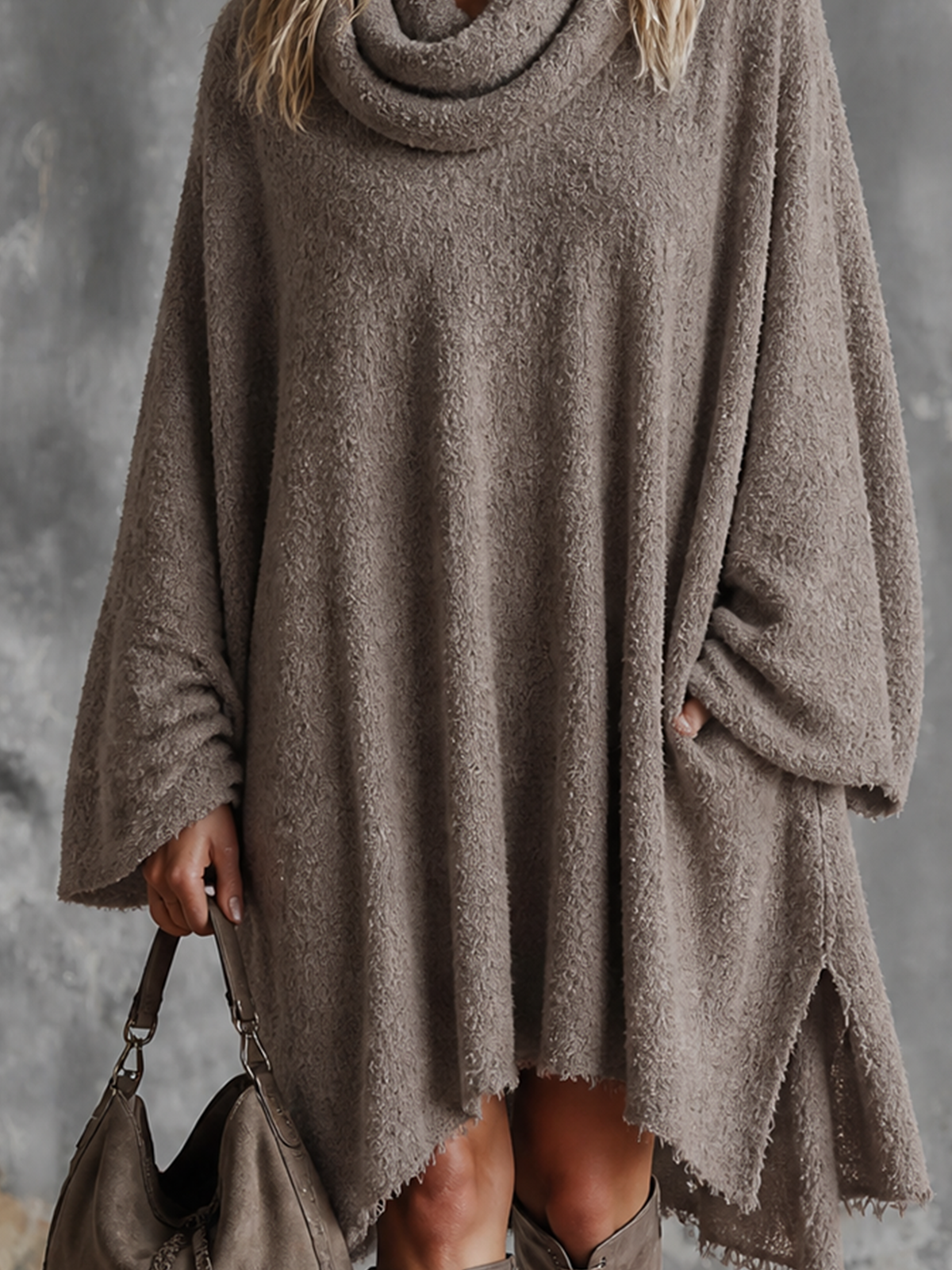 ElevenOra Chic Elegant Taupe Cowl Neck Long-Sleeve Frayed Raw Hem Loose-Fit Side-Slit Knit Midi Dress