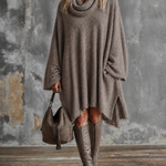 ElevenOra Chic Elegant Taupe Cowl Neck Long-Sleeve Frayed Raw Hem Loose-Fit Side-Slit Knit Midi Dress