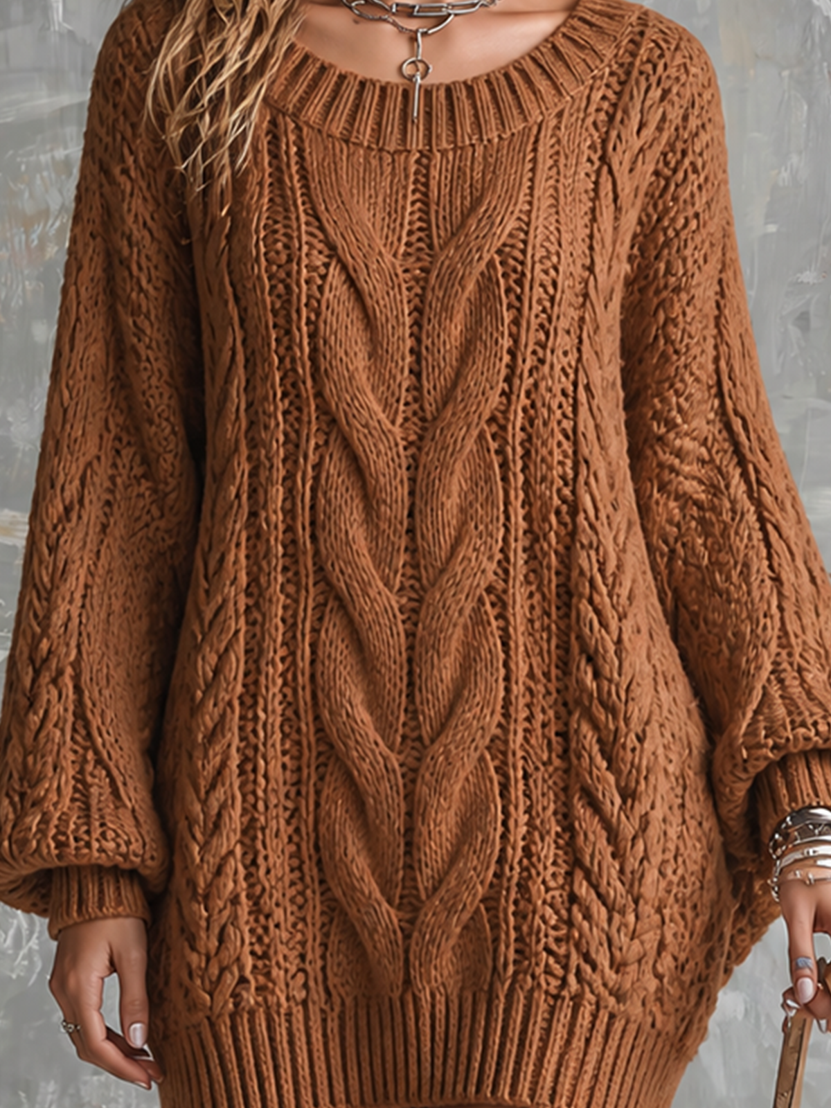 ElevenOra Chic Elegant Caramel Boat Neck Dropped Shoulder Long-Sleeve Loose-Fit Chunky Cable T Knit Mini Dress