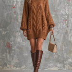 ElevenOra Chic Elegant Caramel Boat Neck Dropped Shoulder Long-Sleeve Loose-Fit Chunky Cable T Knit Mini Dress
