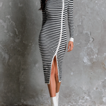 ElevenOra Chic Elegant Black-White Stripe Boat Neck Long-Sleeve Button Detail Slim-Fit Front-Slit Knit Midi Dress