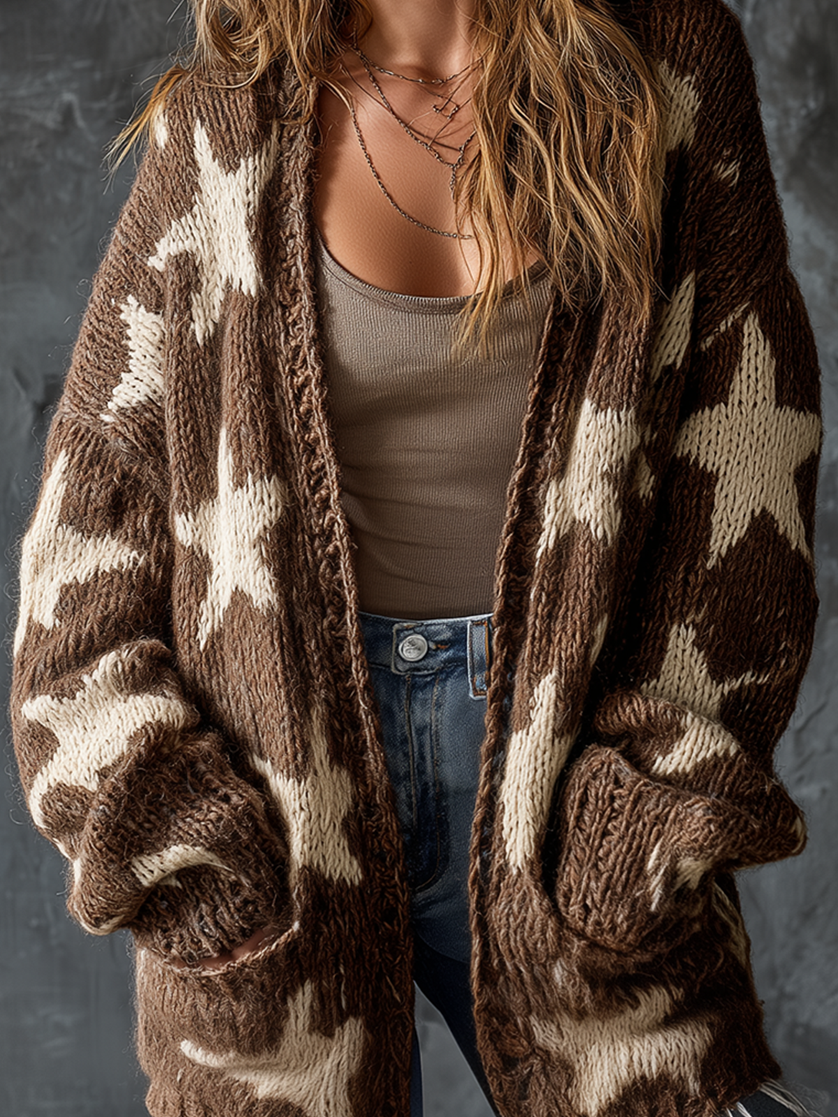 ElevenOra Chic Casual Brown V-Neck Single-Breasted Star Jacquard Dropped-Shoulder Long‑Sleeve Loose-Fit Knit Cardigan