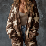 ElevenOra Chic Casual Brown V-Neck Single-Breasted Star Jacquard Dropped-Shoulder Long‑Sleeve Loose-Fit Knit Cardigan