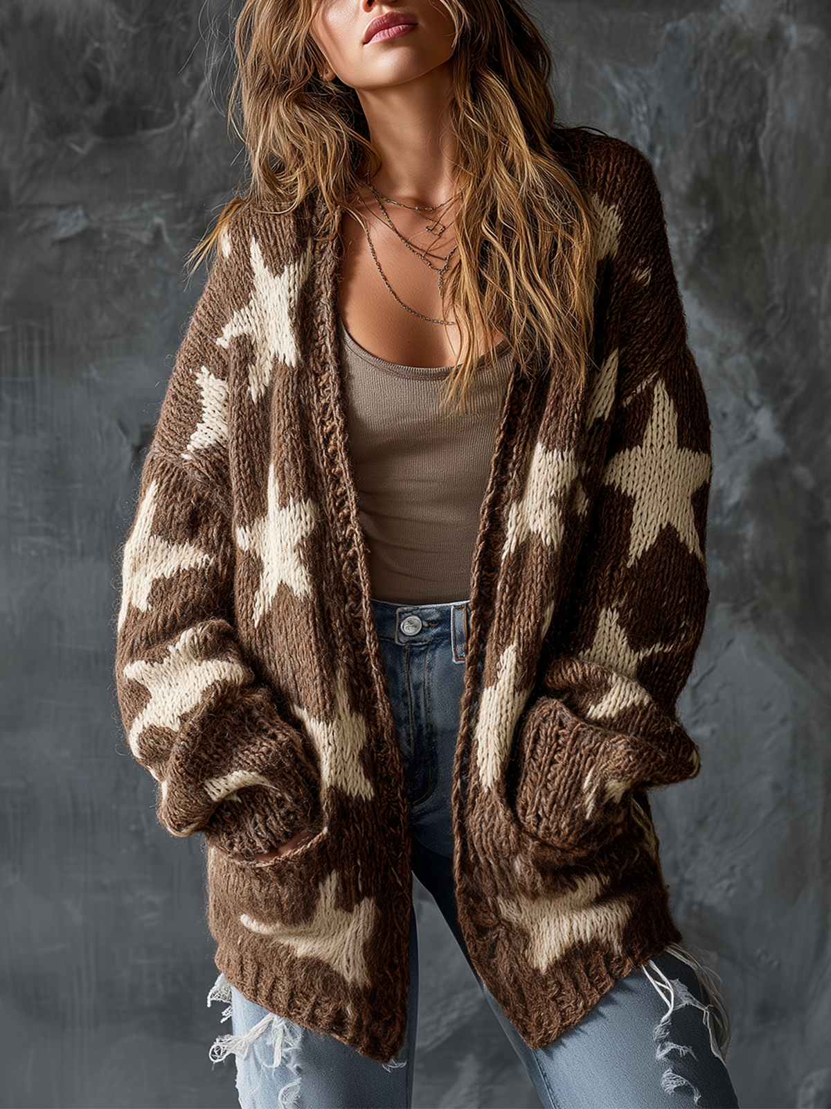 ElevenOra Chic Casual Brown V-Neck Single-Breasted Star Jacquard Dropped-Shoulder Long‑Sleeve Loose-Fit Knit Cardigan