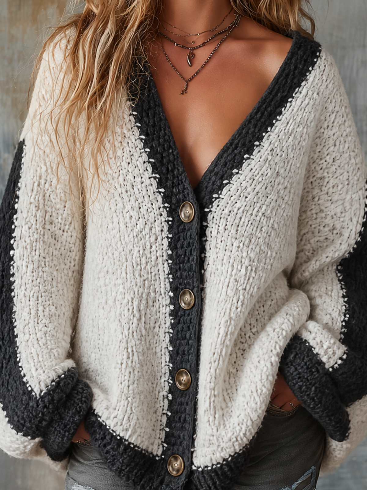 ElevenOra Chic Casual Black-White Colorblock V-Neck Single-Breasted Dropped-Shoulder Long‑Sleeve Loose-Fit Chunky Knit Cardigan