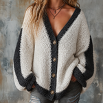 ElevenOra Chic Casual Black-White Colorblock V-Neck Single-Breasted Dropped-Shoulder Long‑Sleeve Loose-Fit Chunky Knit Cardigan