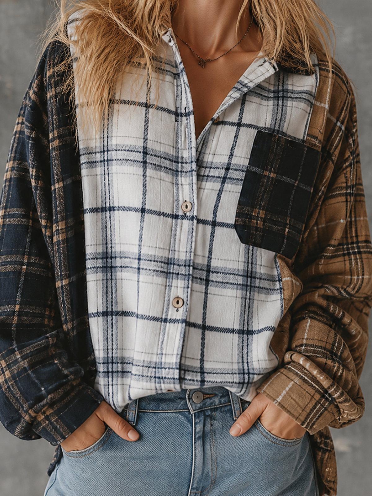 ElevenOra Chic Casual Multi Plaid Colorblock Lapel Collar Single-Breasted Dropped-Shoulder Long‑Sleeve Patch Pocket Loose-Fit Flannel Shirt