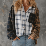 ElevenOra Chic Casual Multi Plaid Colorblock Lapel Collar Single-Breasted Dropped-Shoulder Long‑Sleeve Patch Pocket Loose-Fit Flannel Shirt