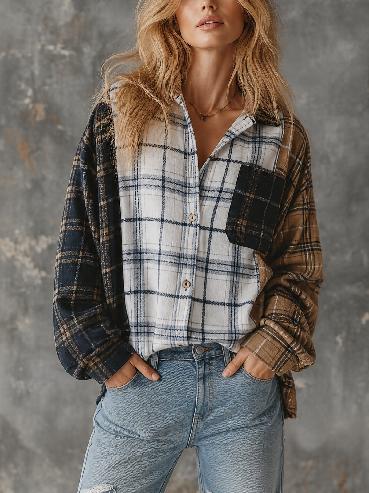 ElevenOra Chic Casual Multi Plaid Colorblock Lapel Collar Single-Breasted Dropped-Shoulder Long‑Sleeve Patch Pocket Loose-Fit Flannel Shirt