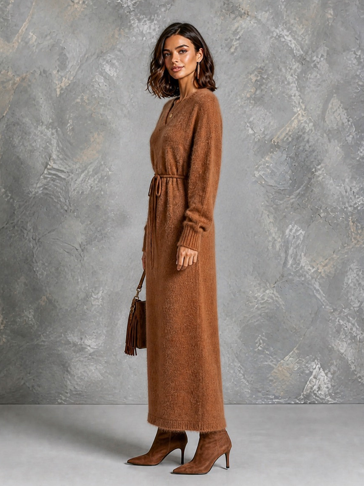 ElevenOra Chic Elegant Caramel Brown V-Neck Dropped-Shoulder Long-Sleeve Belted Loose-Fit Soft Mohair Blend Knit Maxi Dress