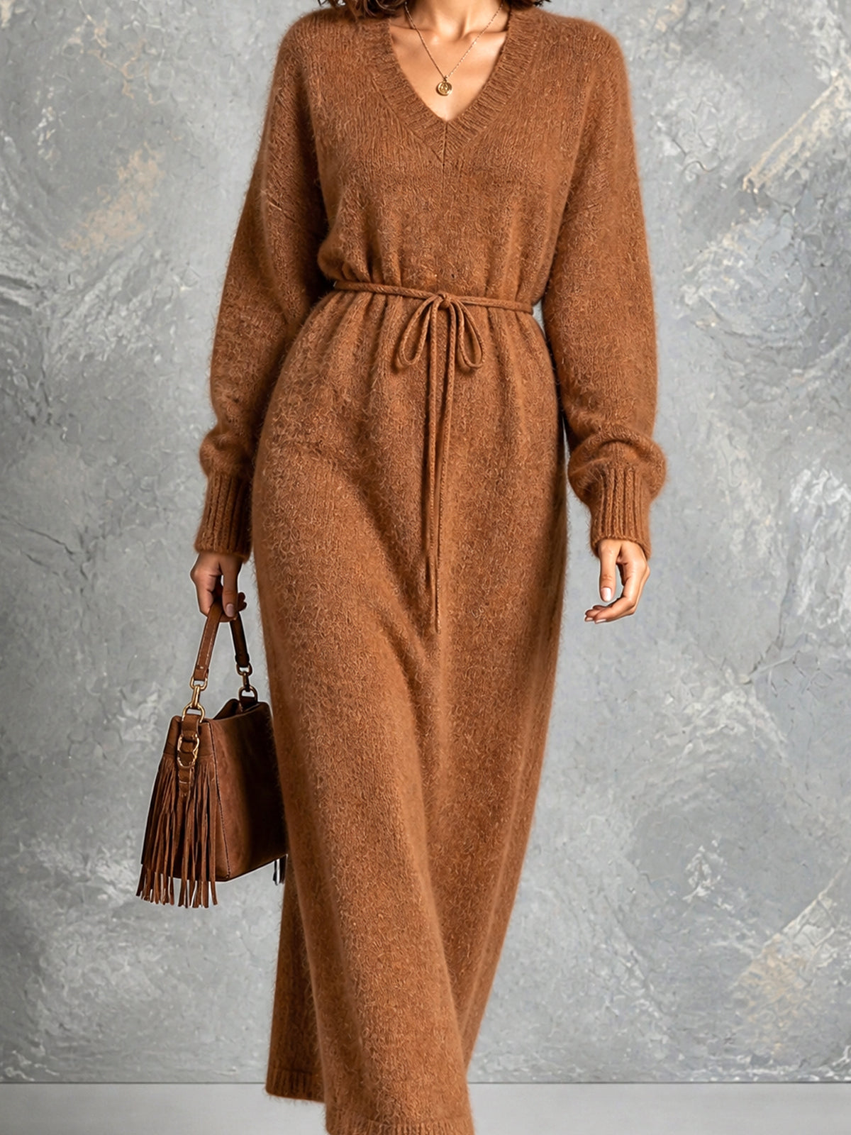 ElevenOra Chic Elegant Caramel Brown V-Neck Dropped-Shoulder Long-Sleeve Belted Loose-Fit Soft Mohair Blend Knit Maxi Dress