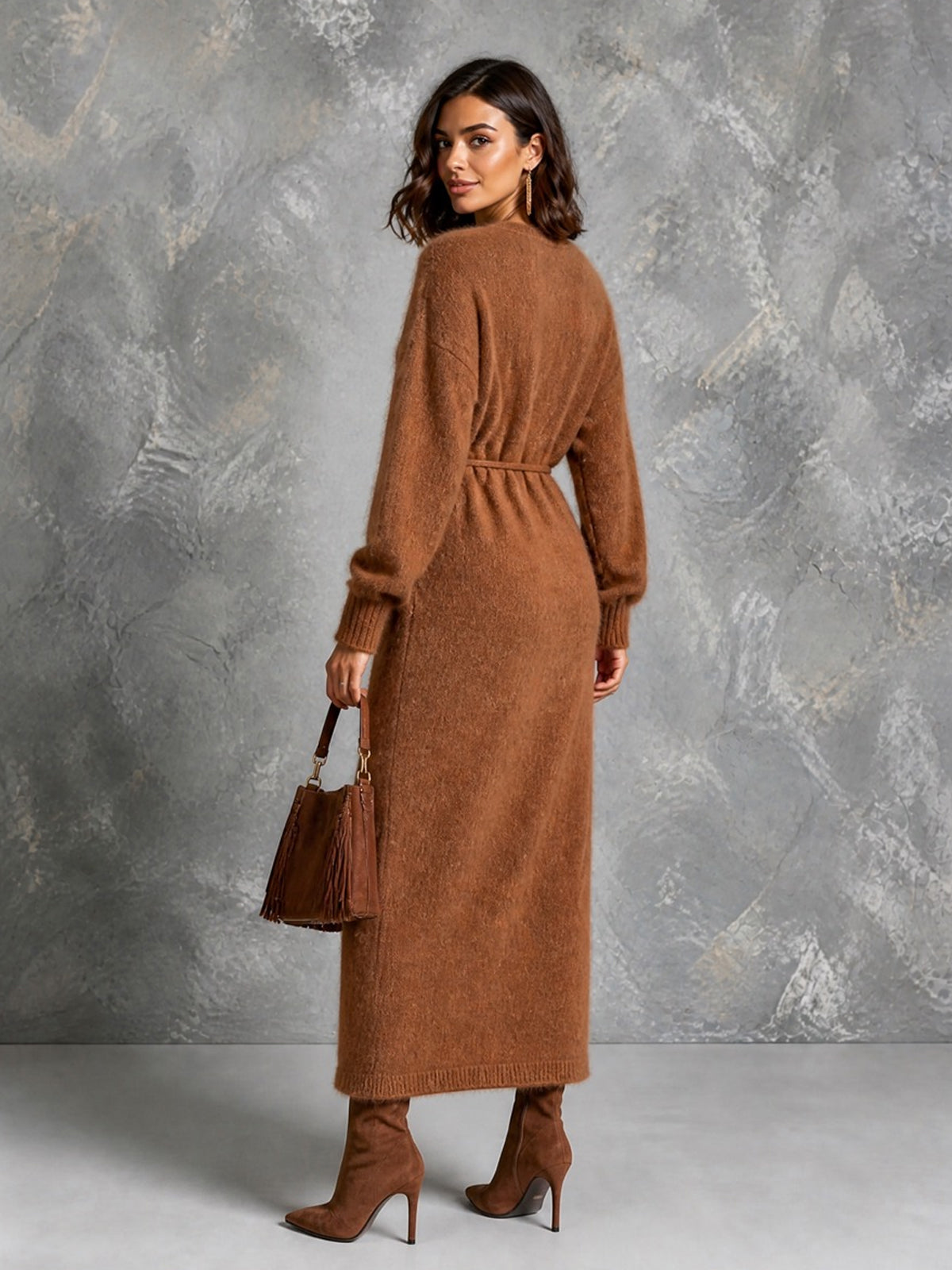 ElevenOra Chic Elegant Caramel Brown V-Neck Dropped-Shoulder Long-Sleeve Belted Loose-Fit Soft Mohair Blend Knit Maxi Dress