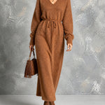 ElevenOra Chic Elegant Caramel Brown V-Neck Dropped-Shoulder Long-Sleeve Belted Loose-Fit Soft Mohair Blend Knit Maxi Dress