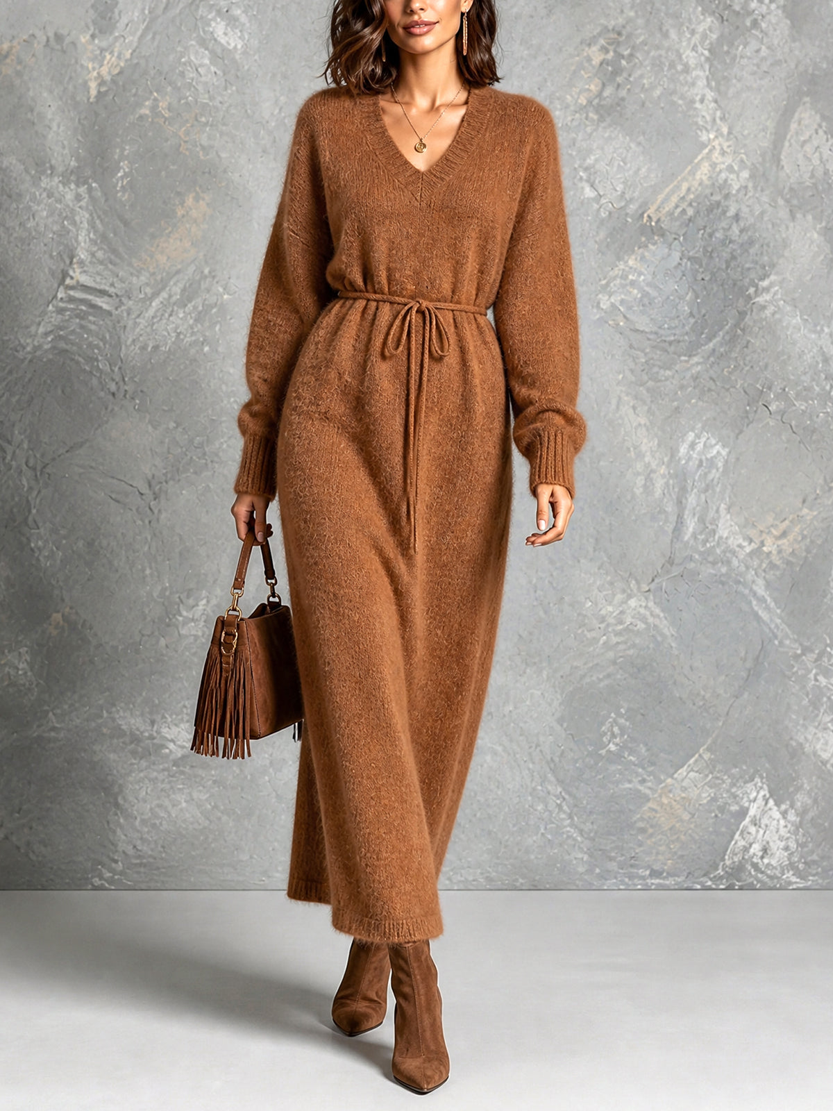 ElevenOra Chic Elegant Caramel Brown V-Neck Dropped-Shoulder Long-Sleeve Belted Loose-Fit Soft Mohair Blend Knit Maxi Dress
