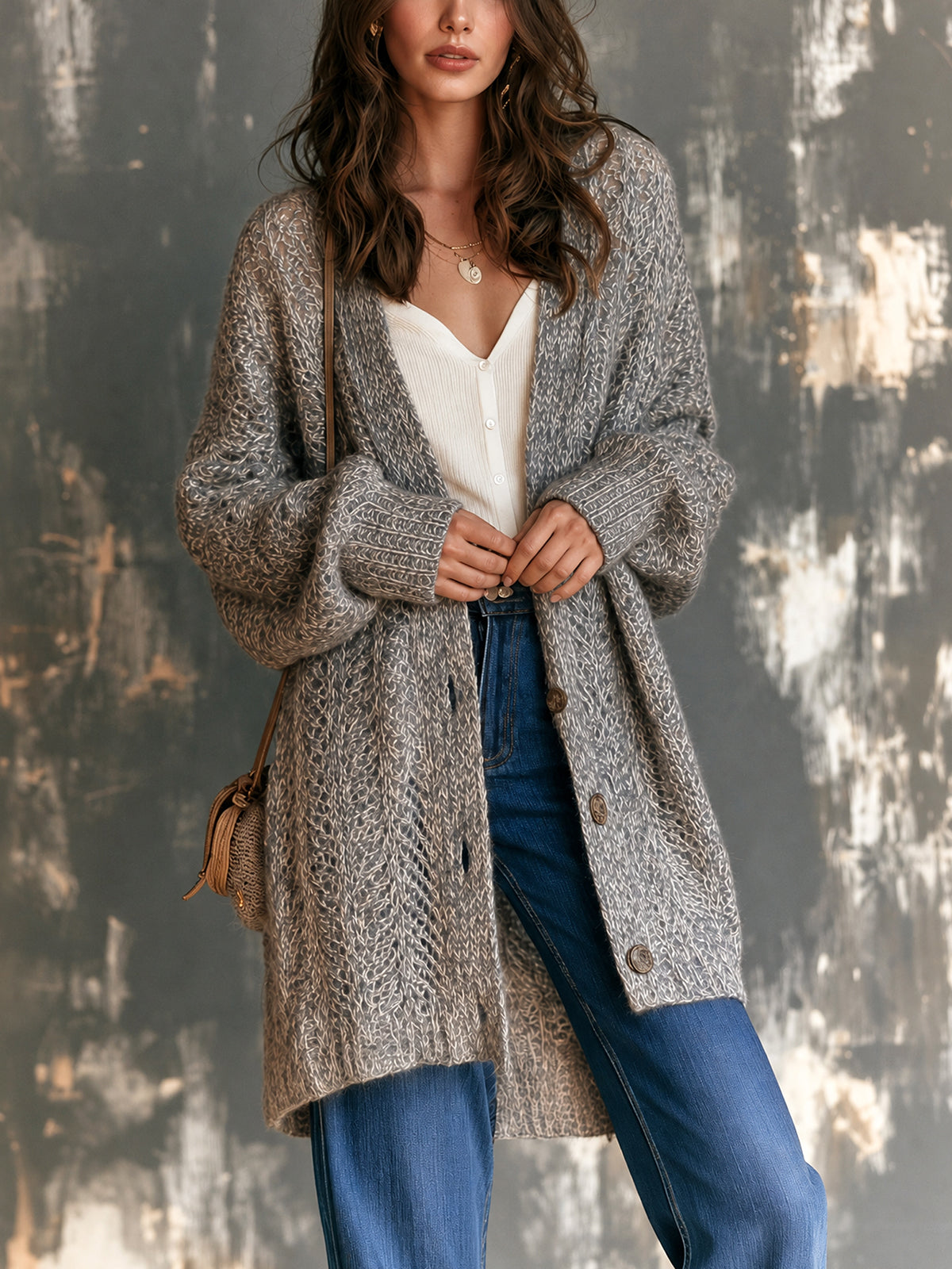 ElevenOra Chic Elegant Gray Melange V-Neck Single-Breasted Dropped-Shoulder Long-Sleeve Loose-Fit Mohair Mesh Knit Cardigan