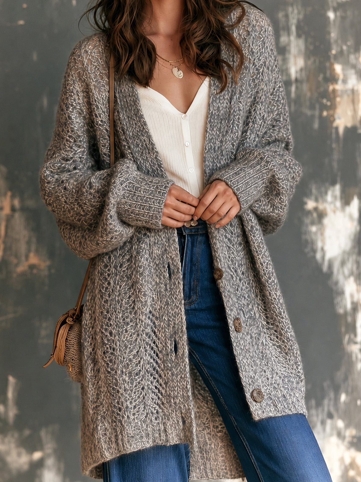ElevenOra Chic Elegant Gray Melange V-Neck Single-Breasted Dropped-Shoulder Long-Sleeve Loose-Fit Mohair Mesh Knit Cardigan
