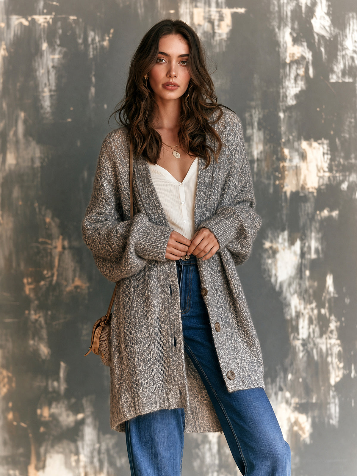 ElevenOra Chic Elegant Gray Melange V-Neck Single-Breasted Dropped-Shoulder Long-Sleeve Loose-Fit Mohair Mesh Knit Cardigan