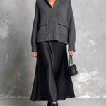 ElevenOra Chic Elegant Gray Stand Collar V-Neck Long-Sleeve Flap Pockets Loose-Fit Sweater Black Satin A-Line Maxi Skirt Two-Piece Set