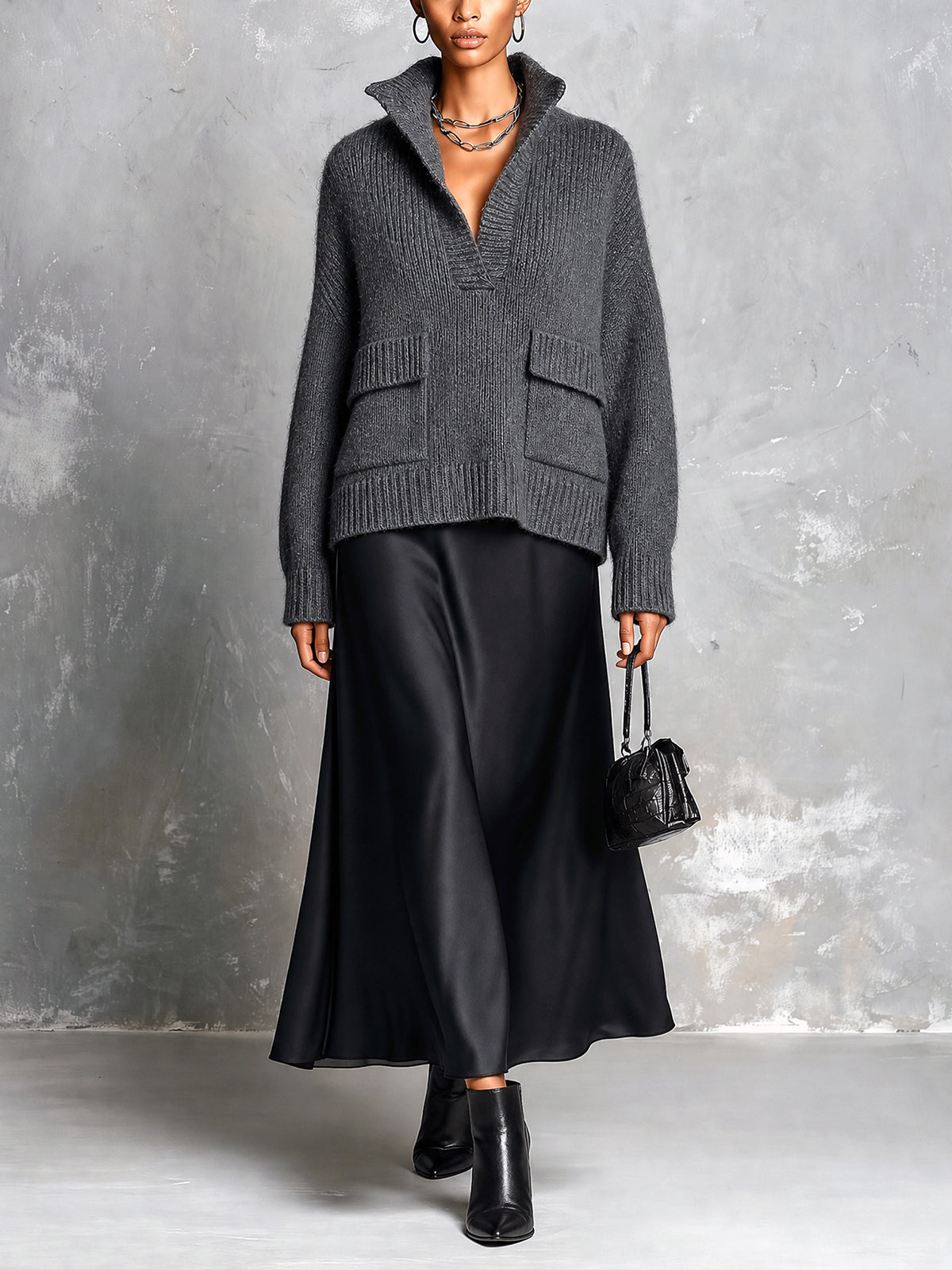 ElevenOra Chic Elegant Gray Stand Collar V-Neck Long-Sleeve Flap Pockets Loose-Fit Sweater Black Satin A-Line Maxi Skirt Two-Piece Set