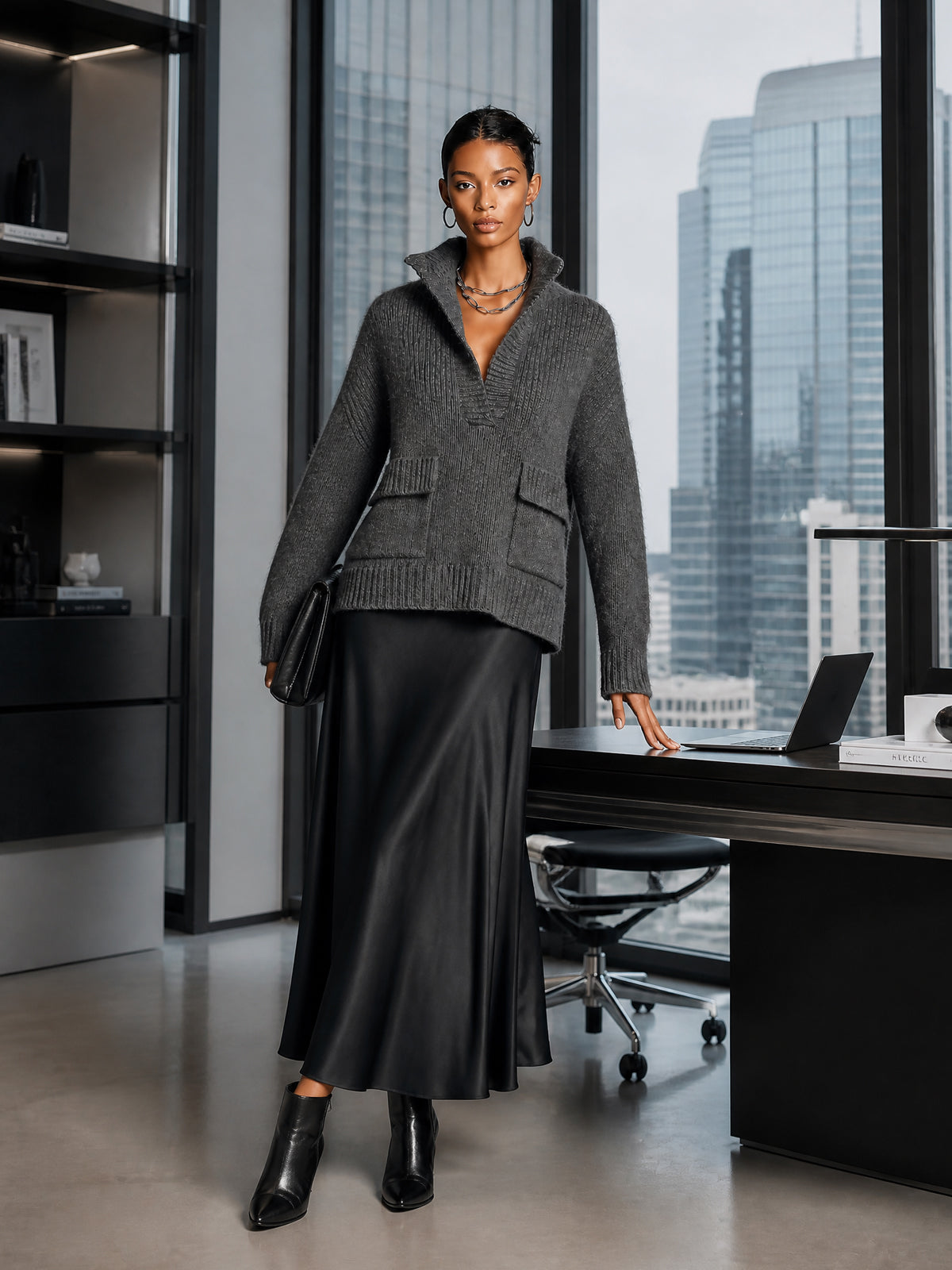 ElevenOra Chic Elegant Gray Stand Collar V-Neck Long-Sleeve Flap Pockets Loose-Fit Sweater Black Satin A-Line Maxi Skirt Two-Piece Set