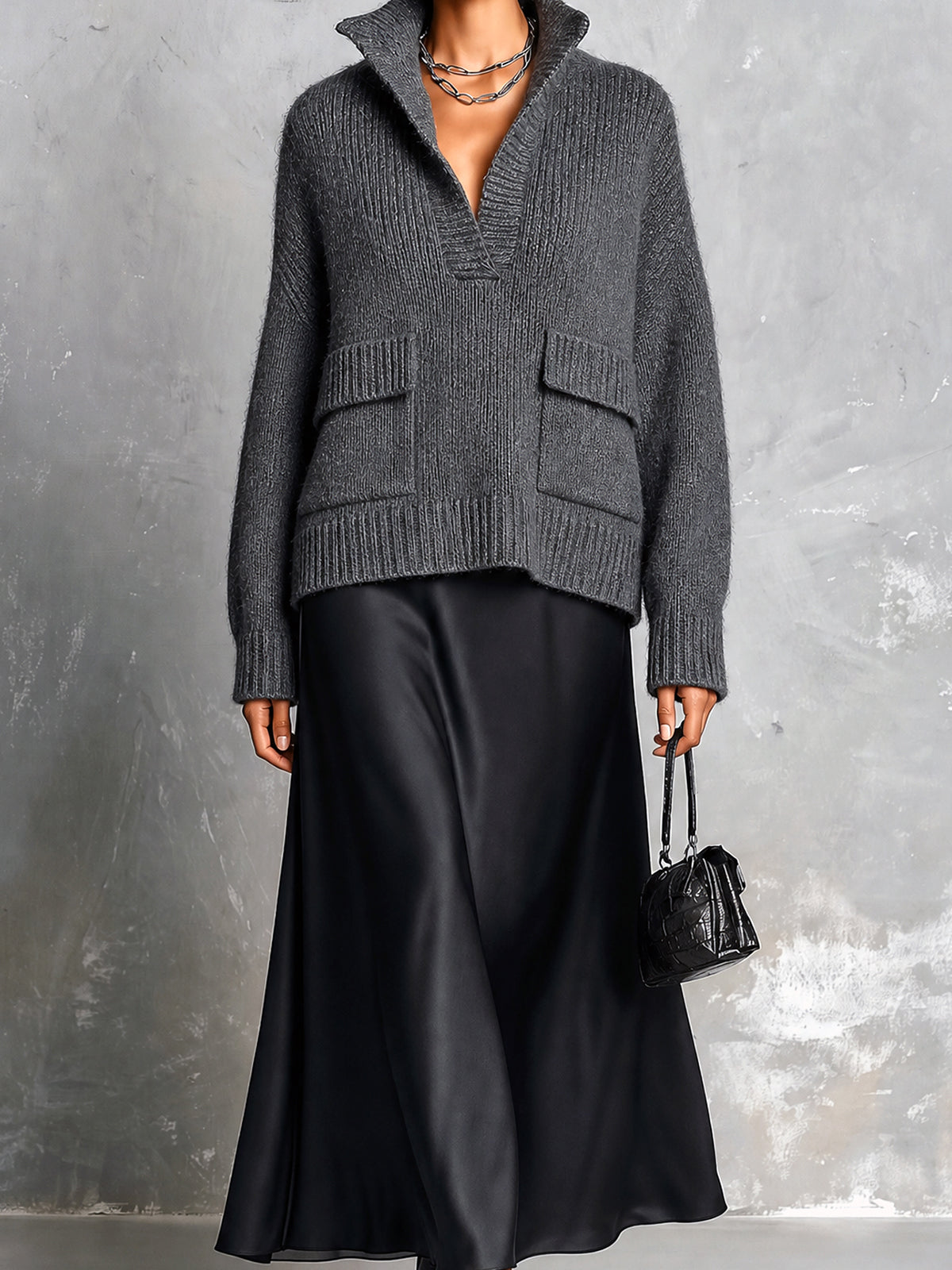 ElevenOra Chic Elegant Gray Stand Collar V-Neck Long-Sleeve Flap Pockets Loose-Fit Sweater Black Satin A-Line Maxi Skirt Two-Piece Set