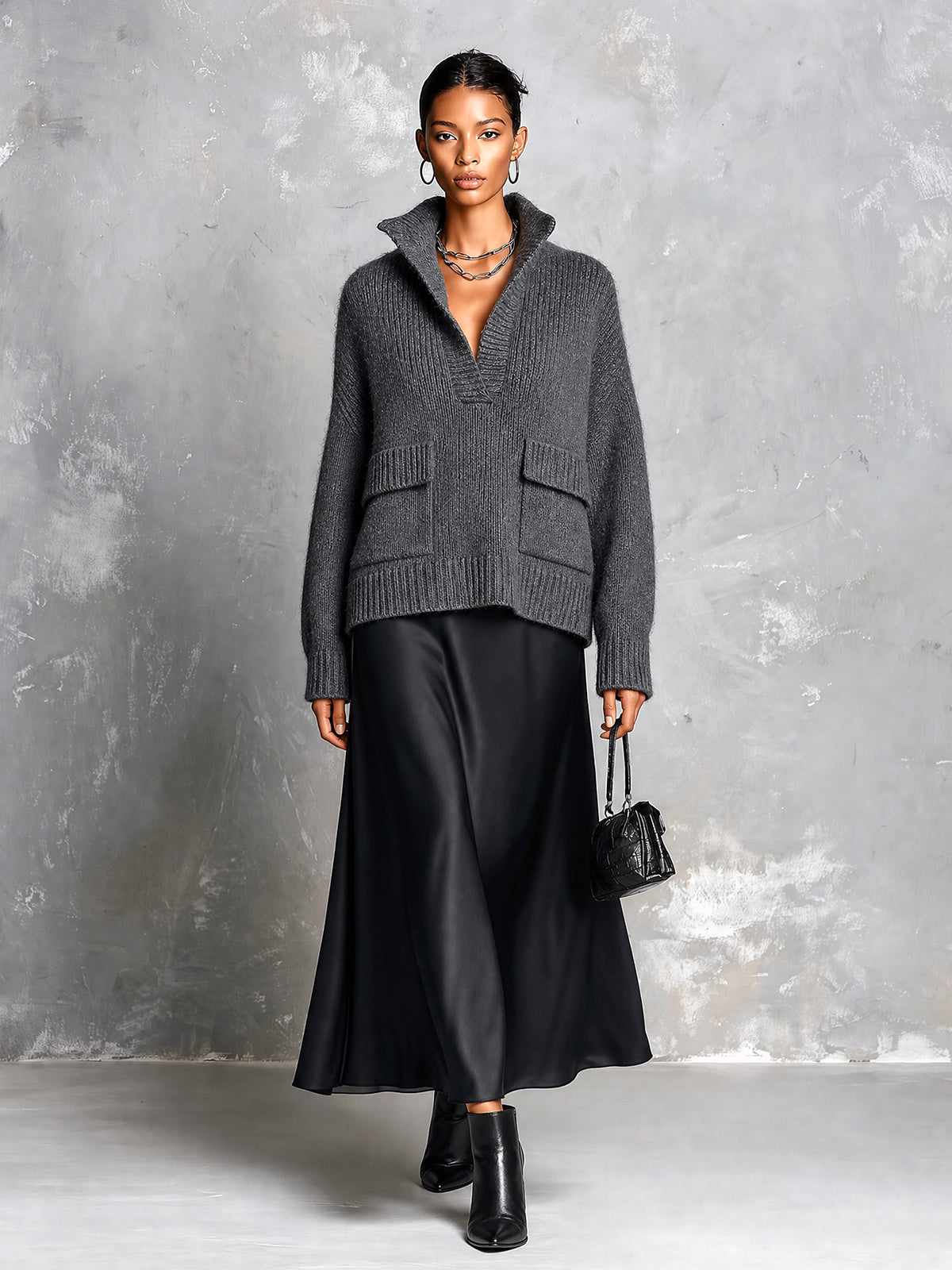 ElevenOra Chic Elegant Gray Stand Collar V-Neck Long-Sleeve Flap Pockets Loose-Fit Sweater Black Satin A-Line Maxi Skirt Two-Piece Set