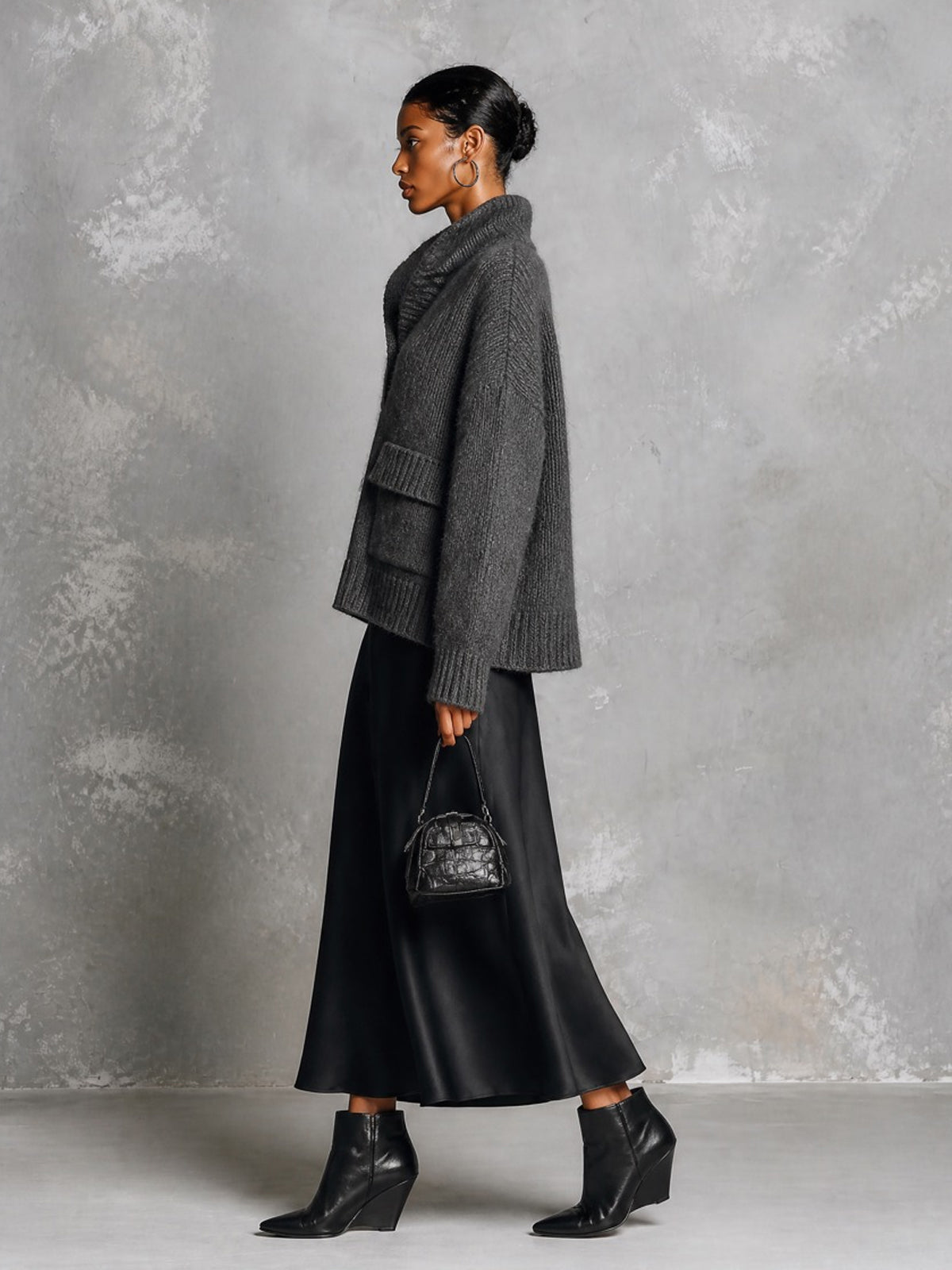 ElevenOra Chic Elegant Gray Stand Collar V-Neck Long-Sleeve Flap Pockets Loose-Fit Sweater Black Satin A-Line Maxi Skirt Two-Piece Set