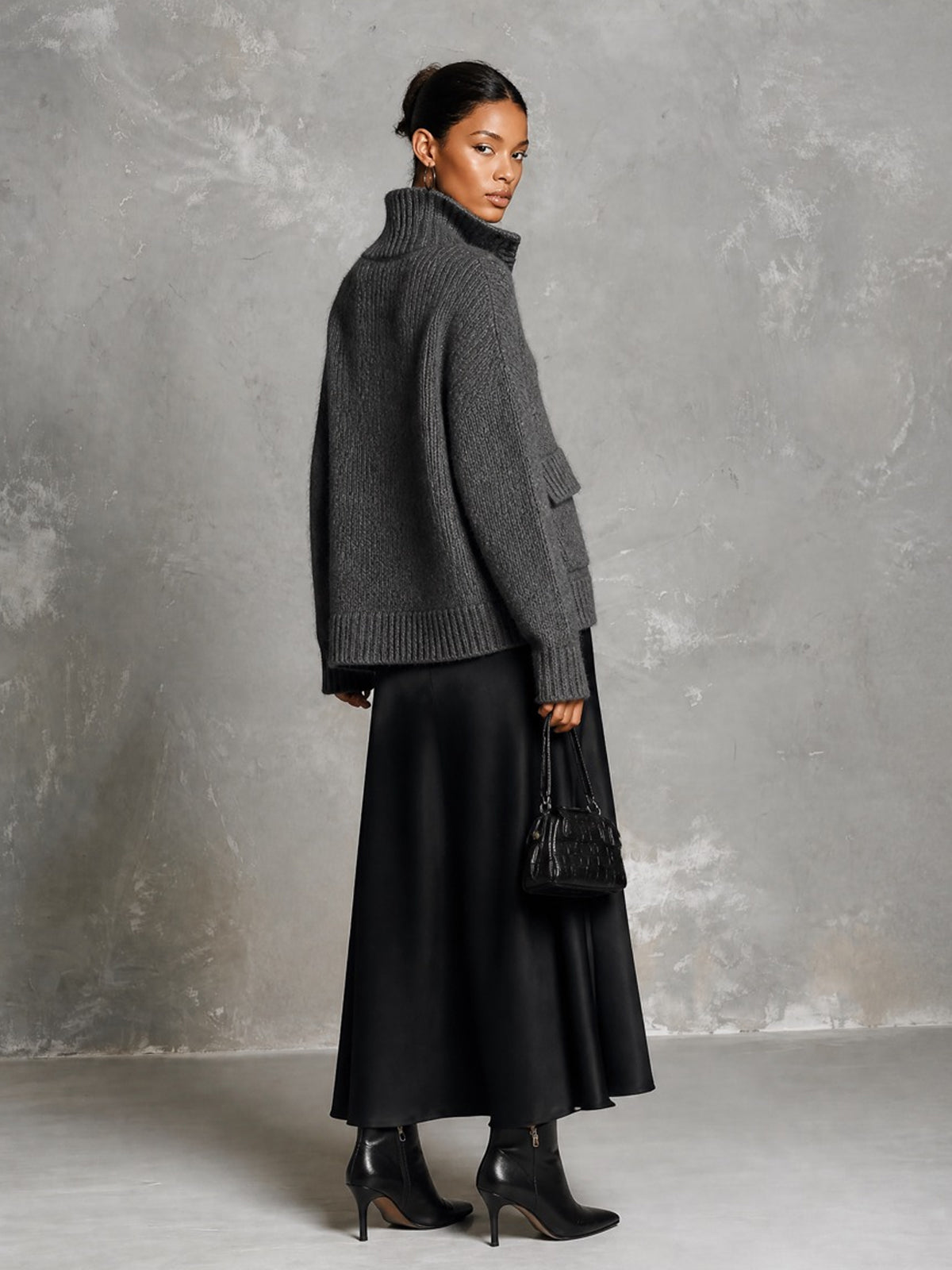 ElevenOra Chic Elegant Gray Stand Collar V-Neck Long-Sleeve Flap Pockets Loose-Fit Sweater Black Satin A-Line Maxi Skirt Two-Piece Set