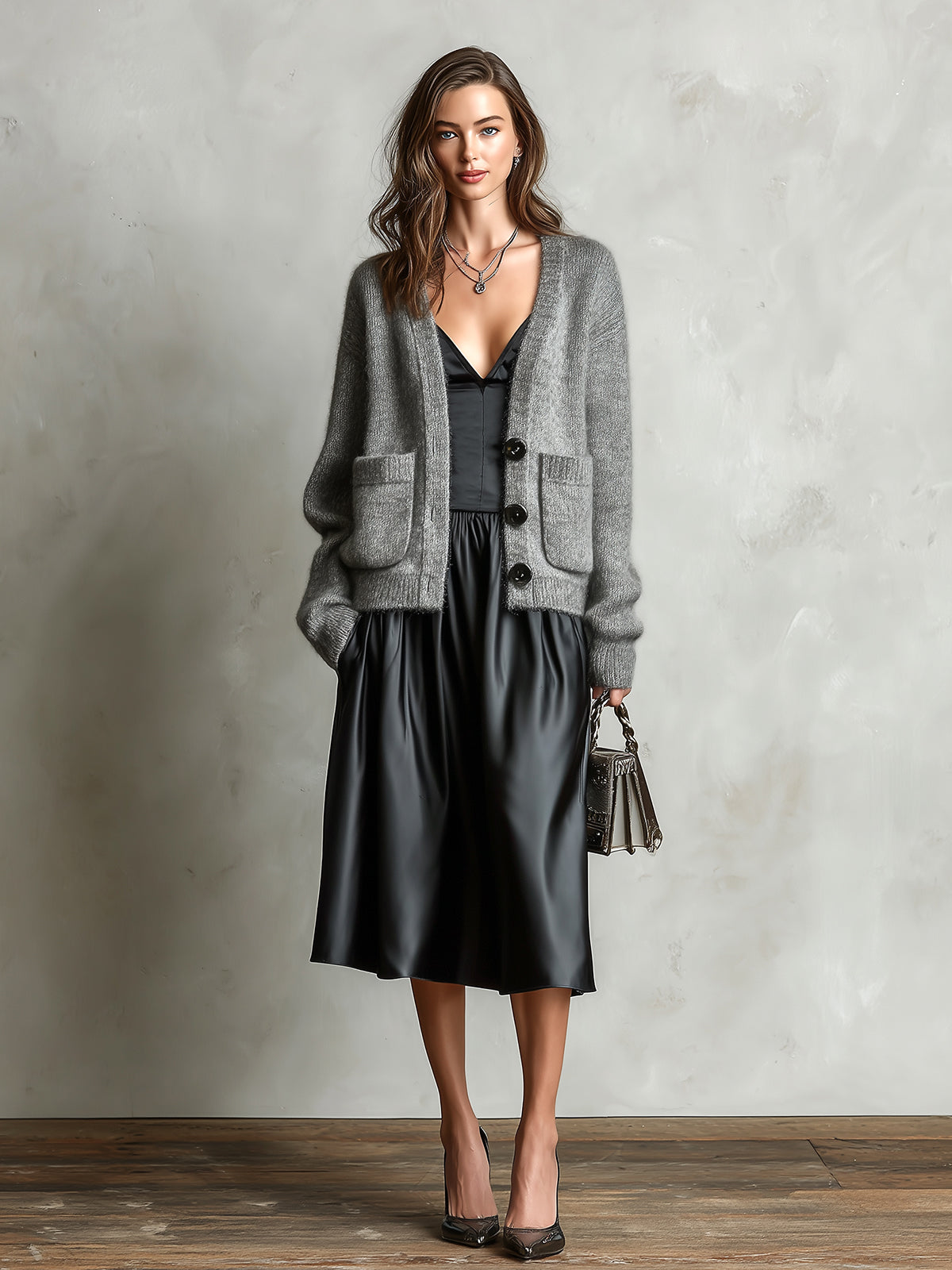 ElevenOra Chic Elegant Black Spaghetti-Strap V-Neck A-Line Satin Midi Dress Gray Single-Breasted Patch Pockets Wool Blend Knit Cardigan Two-Piece Set