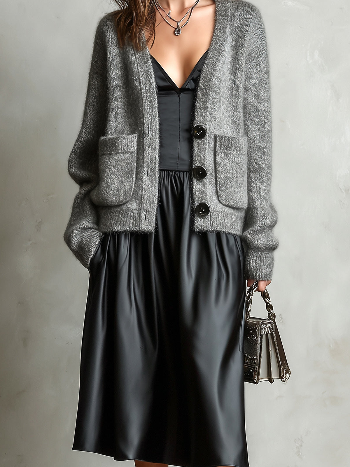 ElevenOra Chic Elegant Black Spaghetti-Strap V-Neck A-Line Satin Midi Dress Gray Single-Breasted Patch Pockets Wool Blend Knit Cardigan Two-Piece Set