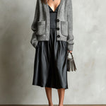 ElevenOra Chic Elegant Black Spaghetti-Strap V-Neck A-Line Satin Midi Dress Gray Single-Breasted Patch Pockets Wool Blend Knit Cardigan Two-Piece Set