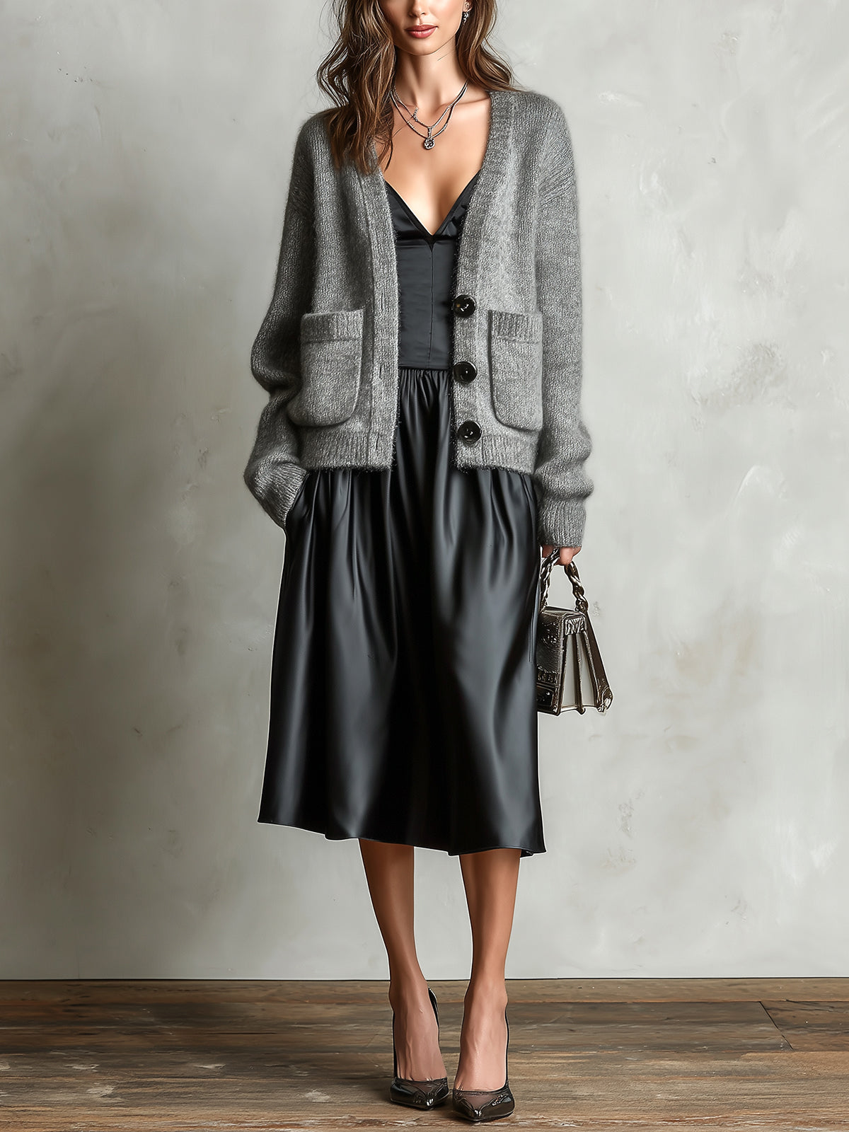 ElevenOra Chic Elegant Black Spaghetti-Strap V-Neck A-Line Satin Midi Dress Gray Single-Breasted Patch Pockets Wool Blend Knit Cardigan Two-Piece Set