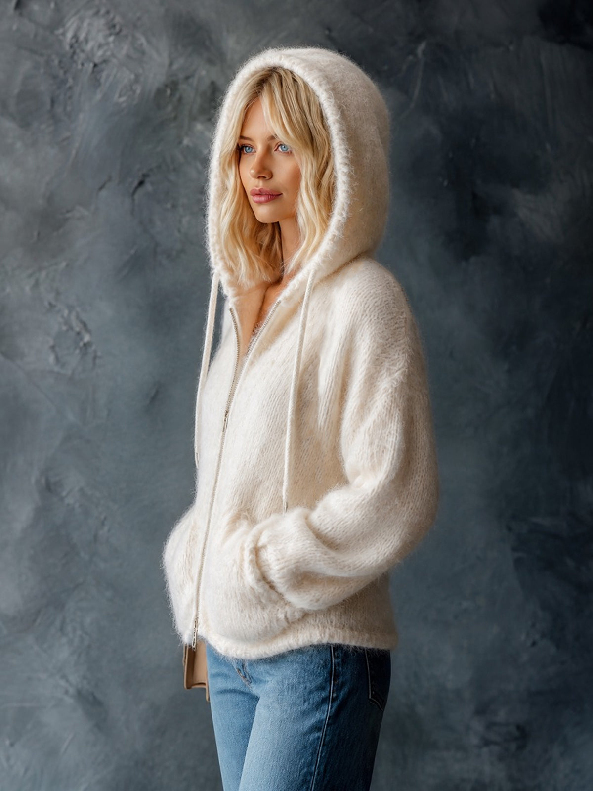 ElevenOra Chic Casual Cream White Hooded Collar Zipper-Placket Dropped-Shoulder Long-Sleeve Loose-Fit Mohair Blend Knit Cardigan