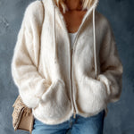 ElevenOra Chic Casual Cream White Hooded Collar Zipper-Placket Dropped-Shoulder Long-Sleeve Loose-Fit Mohair Blend Knit Cardigan