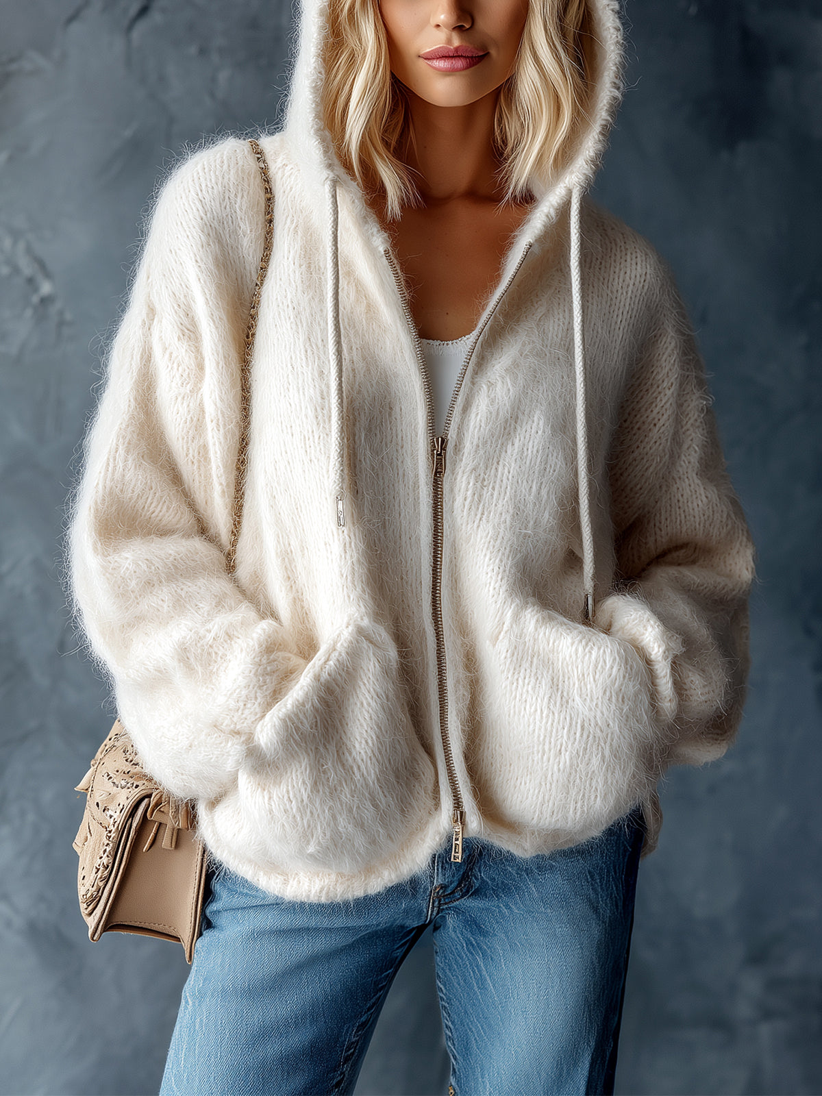 ElevenOra Chic Casual Cream White Hooded Collar Zipper-Placket Dropped-Shoulder Long-Sleeve Loose-Fit Mohair Blend Knit Cardigan